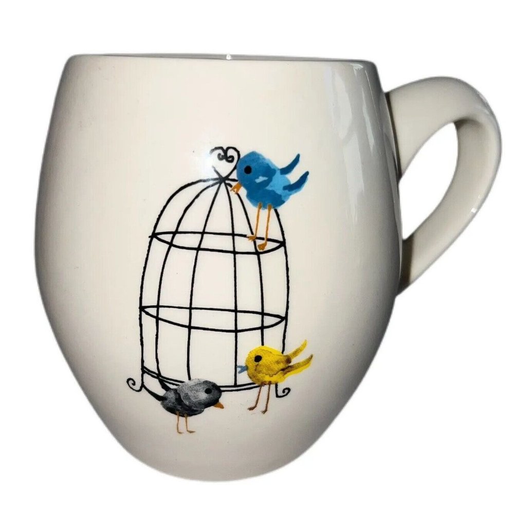 Magenta Blue Yellow Black Birds Birdcage  Aqua Interior Coffee Mug M Stamp RARE